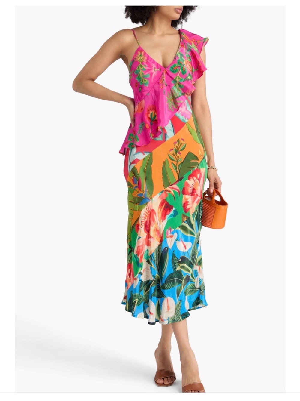 Farm Rio Mixed Flowery Ruffle One Shoulder Midi Dress XS $328 - Picture 2 of 9